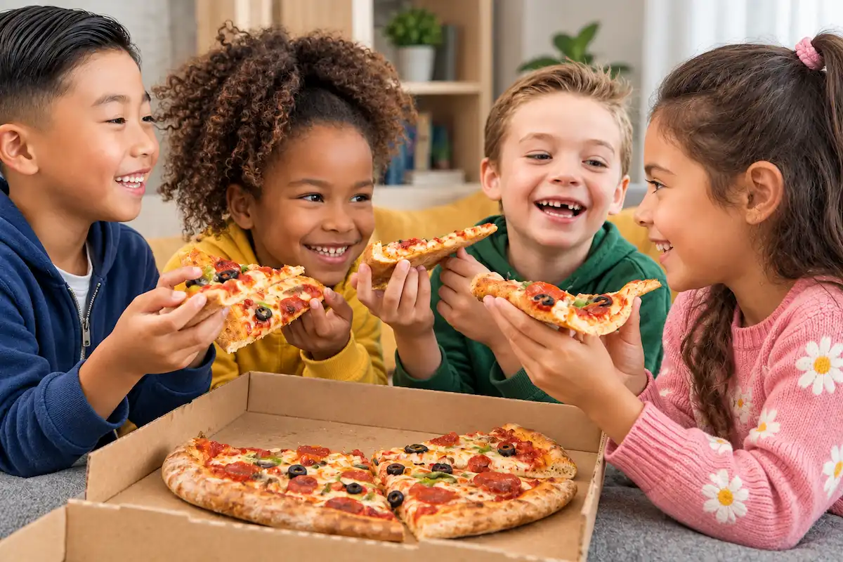 Kids enjoying pizza