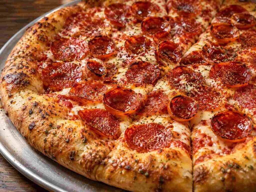 Large pepperoni pizza with classic and crispy cup-style pepperoni on a metal tray
