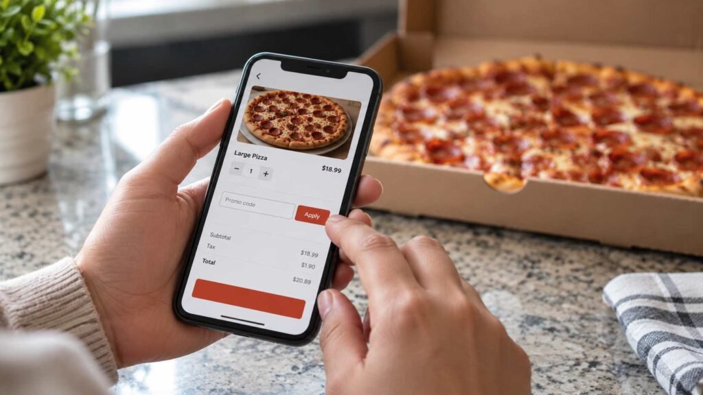 Entering a pizza promo code on a phone at online checkout